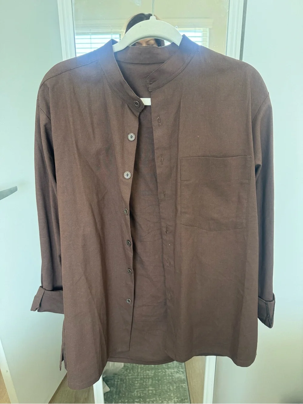 Men's Brown Mandarin Collar Button-Up Shirt Jacket